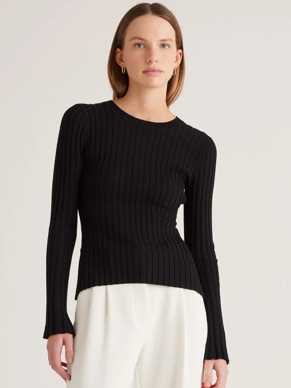 Quince Cotton Cashmere Ribbed Long Sleeve Sweater Black Large